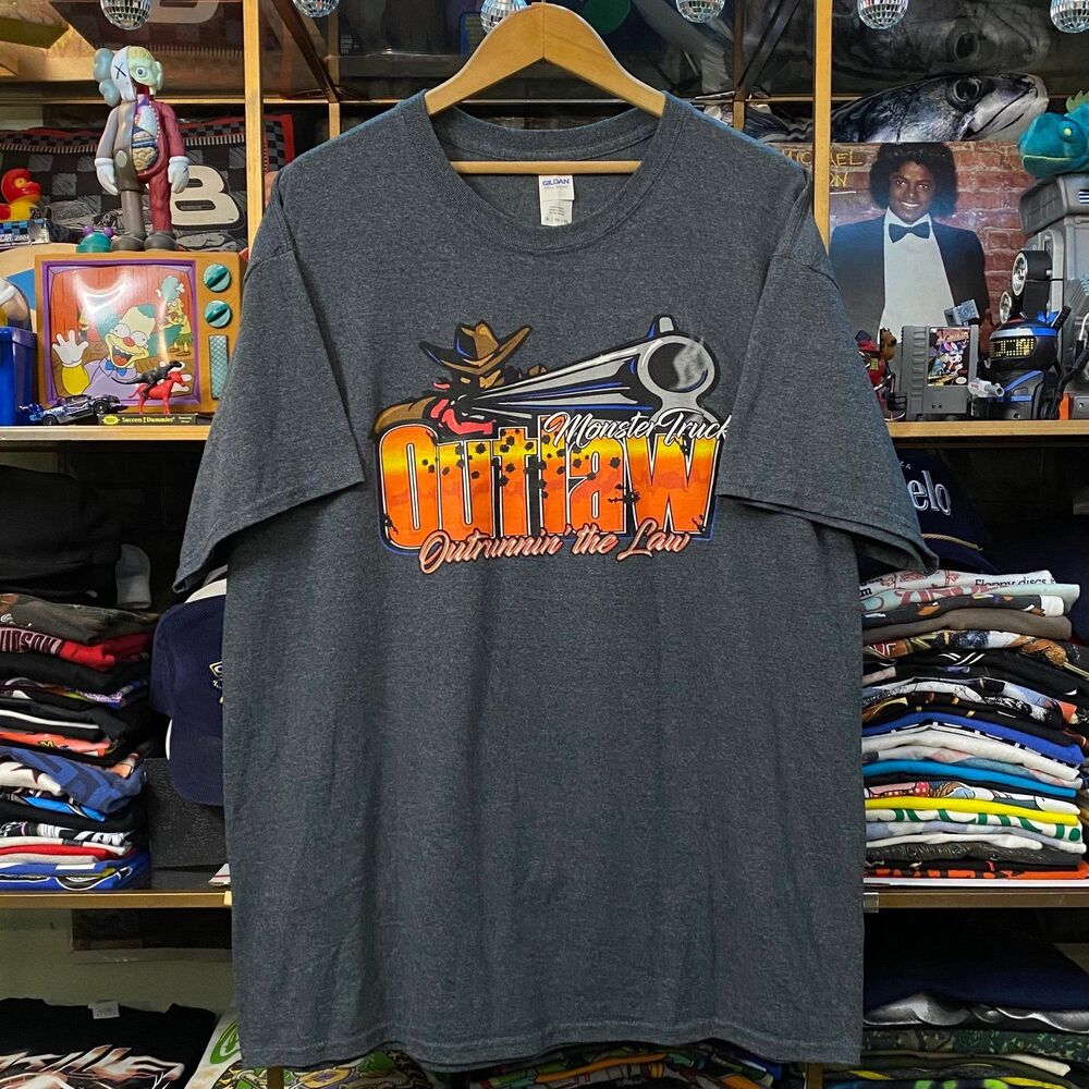 Outlaw Monster Truck Retro Graphic TShirt XL Heather Charcoal Gray Double Sided